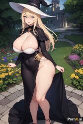 1girls ai_generated blonde_hair cleavage dress full_body high_heels huge_ass huge_breasts large_breasts pornx.ai round_ass seductive_pose smile standing straight_hair thick_thighs witch witch_hat