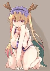 1girls :o barefoot bikini blonde_hair cleavage cool-kyou_shinja dragon_humanoid feet female horns huge_breasts kneeling large_breasts light-skinned_female long_hair maid_headdress miss_kobayashi's_dragon_maid solo swimsuit tail tohru_(dragon_maid) twintails