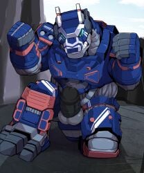 absurd_res balls black_penis blue_body blue_eyes earth_garon fist genitals hi_res kaiju kneeling machine male masculine mecha orangetaming penis restrained restrained_arms robot solo ultraman_(series)