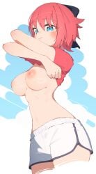 blue_eyes boobs flashing lifting_shirt pink_hair rasusurasu shorts