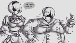 1boy 1girls blairessoupysoup blindfold breasts chubby clothed clothing english_text fat female hairband light-skinned_female light-skinned_male light_skin male male_focus monochrome moobs nier nier:_automata obese obese_male overweight text tight_clothing yorha_2b yorha_9s