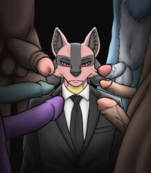 anthro balls black_background black_body black_clothing black_fur black_suit black_tie_(suit) clothing colin_(colinthelucario) fur generation_4_pokemon genitals green_penis group hi_res humanoid_genitalia humanoid_penis john_wick looking_at_viewer lucario male male/male nintendo penis pokemon pokemon_(species) purple_penis red_body red_eyes red_fur simple_background suit surrounded_by_penises timmx
