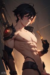 1boy abs ai_generated arm_guards black_hair gloves male_only muscular pecs penis solo_male standing steampunk technology toned