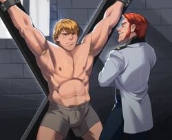 2boys armpit_hair bars before_sex blonde_hair cado_tk32 captured disney frozen frozen_(film) gay kristoff_(frozen) male_focus male_only orange_eyes prince_hans prison red_hair restrained shorts stone_wall topless treasure_trail underwear yaoi