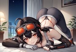 1girls ahoge ai_generated anaslex ass ass_focus ass_up big_ass big_butt black_hair blush blush_lines butt_focus cleavage crop_top detached_sleeves face_down_ass_up gloves goggles goggles_on_head grace_howard hair_between_eyes hi_res highleg highleg_panties looking_at_viewer orange_eyes pants ponytail pose posing seductive seductive_look seductive_smile skintight smile sneakers solo solo_female tank_top thong thong_straps tight_clothing zenless_zone_zero