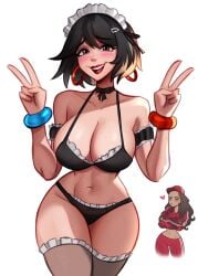 big_breasts black_bikini black_hair black_swimsuit bracelet choker cleavage earrings evie_(fortnite) female female_only flustered fortnite fortnite:_battle_royale fully_clothed hairpin lipstick magaska19 maid maid_bikini maid_swimsuit red_lipstick revealing_clothes ruby_(fortnite) smile stockings swimsuit thick_thighs thighhighs wide_hips