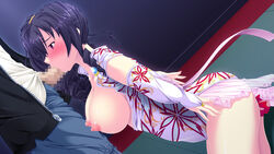 blush breasts censored dress elbow_gloves fellatio female game_cg gokkun_athlete!_kyonyuu_medalist_no_oshaburi_kyouka_gasshuku hair kneeling large_breasts long_hair mieri_route nipples no_bra oral penis pink_eyes purple_hair standing thighhighs tied_up