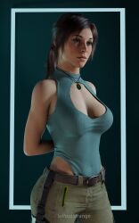 3d athletic athletic_female big_breasts breasts brown_eyes brown_hair busty cleavage cleavage_cutout female female_focus female_only hands_behind_back hourglass_figure lara_croft lara_croft_(survivor) leotard long_hair makeup necklace ponytail short_shorts srpoolstrange tagme thong_leotard tomb_raider tomb_raider_(survivor) wide_hips