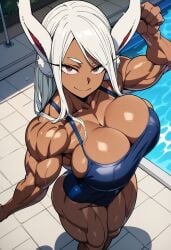 ai_generated animal_ears big_breasts blue_swimsuit boku_no_hero_academia breasts cleavage collarbone dark-skinned_female dark_skin female huge_breasts in_pool in_water kemonogirls large_breasts long_hair mature mature_female milf mirko miruko mommy muscle_mommy muscles muscular muscular_female my_hero_academia one-piece_swimsuit pool rumi_usagiyama school_swimsuit shonen_jump smile solo tight_clothing wet wet_body wet_clothes wet_skin wet_swimsuit wet_swimwear white_hair