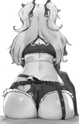 1girls ass back_view backsack belt booty_shorts female female_only from_behind fur-trimmed_shorts greyscale monochrome nicole_demara niwarhythm short_shorts shorts sitting slutty_outfit solo zenless_zone_zero