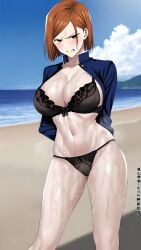 1female 1girl 1girls 1woman ai_generated angry angry_face anime anime_character beach black_bikini black_bra black_panties blue_sky brown_eyes brown_eyes_female brown_hair brown_hair_female female female_focus female_only hands_behind_back hd hi_res high_resolution highres jujutsu_kaisen kugisaki_nobara ocean sky solo solo_female solo_focus wet_body wet_skin