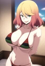 1girls ai_generated angels_of_death big_breasts bikini blonde_hair catherine_ward green_eyes light_skin looking_at_viewer navel pan-african_flag pan-african_flag_bikini pink_hair satsuriku_no_tenshi smile two_tone_hair