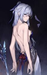 bare_shoulders bareback blindfold blue_dress dress earrings eyes_half_open facing_back facing_viewer female hairbow honkai:_star_rail honkai_(series) jingliu_(honkai:_star_rail) sideboob sword