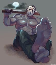 bara feet foot_fetish friday_the_13th hockey_mask jason_voorhees machete machojuice male male_only mask muscles muscular shirtless sitting solo solo_male