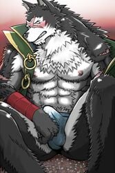 abs anthro balls blush bulge canine dudedle erection fur furry male male_only muscles nipples pecs penis rouen scar shining_(series) shining_tear shining_wind solo underwear wolf