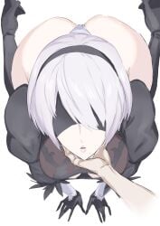 1girls ass ass_focus female holding_face kneeling leotard light-skinned_female light_skin lips looking_at_viewer looking_up moginiki nier nier:_automata on_the_floor open_mouth pov touching_face white_background white_hair yorha_2b