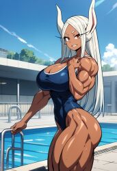 ai_generated ass big_breasts blue_swimsuit breasts brown_body brown_eyes brown_skin cleavage collarbone female female_focus female_only kemonogirls large_breasts long_hair mirko miruko muscular muscular_female my_hero_academia rumi_usagiyama swimsuit thick_thighs thighs white_hair