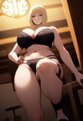1girls ai_due ai_generated bare_shoulders bare_thighs big_breasts blonde_hair blue_eyes blunt_bangs blush bob_cut bra breasts breasts_bigger_than_head busty child_bearing_hips cleavage closed_mouth cowboy_shot expressionless feet feet_out_of_frame female female_only front_view hand_on_hip hanging_breasts hi_res hourglass_figure huge_breasts indoors kunoichi large_breasts large_hips light-skinned_female light_skin lingerie lingerie_bra lingerie_panties mature mature_female mature_woman midriff milf nai_diffusion narrowed_eyes naruto naruto_shippuden navel ninja open_toe_shoes outdoors panties pinup plump sagging_breasts samui sandals short_hair stable_diffusion standing top_heavy top_heavy_breasts underwear underwear_only viewed_from_below voluptuous voluptuous_female wide_hips