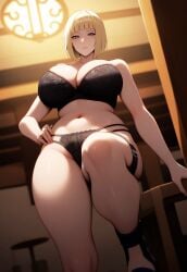 1girls ai_due ai_generated bare_shoulders bare_thighs big_breasts blonde_hair blue_eyes blunt_bangs blush bob_cut bra breasts breasts_bigger_than_head busty child_bearing_hips cleavage closed_mouth cowboy_shot expressionless feet feet_out_of_frame female female_only front_view hand_on_hip hanging_breasts hi_res hourglass_figure huge_breasts indoors kunoichi large_breasts large_hips light-skinned_female light_skin lingerie lingerie_bra lingerie_panties mature mature_female mature_woman midriff milf mommy nai_diffusion narrowed_eyes naruto naruto_shippuden navel ninja open_toe_shoes outdoors panties pinup plump sagging_breasts samui sandals short_hair stable_diffusion standing top_heavy top_heavy_breasts underwear underwear_only viewed_from_below voluptuous voluptuous_female wide_hips