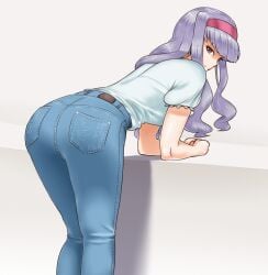 1girls ass bent_over blaccura burakku-ra denim denim_jeans female hairband highres idolmaster idolmaster_(classic) jeans legs_together long_hair looking_at_viewer looking_back pants purple_eyes shijou_takane silver_hair solo