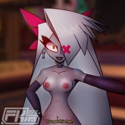 1_eye angel breasts casual_exposure detailed_background dialogue exhibitionism female fkimnsfw grey_body hair hazbin_hotel nipples open_smile smile standing teeth thick_thighs tongue vaggie_(hazbin_hotel) white_hair