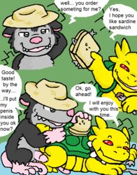 comic eating english english_text food furry gay grey_fur guil_bunny hat headgear male marsupial no_humans opossum red_eyes sandwich speech_bubble text turtle yellow_body