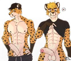 abs anthro balls borkbuchwieser bottomless cheetah clothed clothing felid feline foreskin genitals glans hat headgear headwear hi_res humanoid_genitalia humanoid_penis male mammal multiple_poses penis pose simple_background solo spots topless white_background