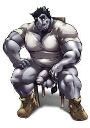 1boy absurdres bara belly black_hair bottomless facial_hair foreskin full_body girthy_penis goatee grey_fur hairy highres horns huge_eyebrows looking_at_viewer lustful_desires male_focus markwulfgar mature_male midriff_peek muscular muscular_male on_chair pectoral_cleavage pectorals penis plump rhino_boy richard_(lustful_desires) second-party_source seductive_smile shoes sitting smile sneakers solo tail thick_testicle_hair thick_thighs thighs uncensored