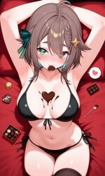 1girls 2d ai_generated armpits bikini blush breasts brown_eyes brown_hair chocolate female female_only green_eyes heterochromia indie_virtual_youtuber light-skinned_female light_skin looking_at_viewer meica short_hair suggestive valentine's_day virtual_youtuber vtuber
