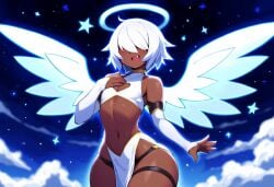 1boy ai_generated alriel angel angel_wings dark-skinned_male dark_skin divine_slut femboy girly halo mullon novelai original_character sissy solo space thick_thighs trap