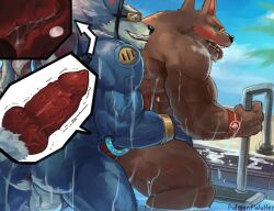 absurd_res anal anthro anubian_jackal anus aroused ass back_muscles balls biceps big_butt bodily_fluids butt_grab canid canine canis closed_eyes diving_mask duo english_text erection from_behind_position genital_fluids genitals hand_on_butt hand_on_hip hi_res imminent_sex jackal knot league_of_legends looking_pleasured male male/male mammal mask muscular muscular_anthro muscular_male nasus nude open_mouth partially_submerged penis poolside precum riot_games sex smile spread_butt spreading tencent text tongue tongue_out triceps vein warwick water wet wolf wulfer-shepherd