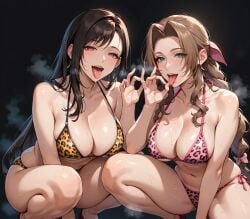 1girls 2girls aerith_gainsborough ai_fishball ai_generated animal_print bangs bare_shoulders bikini black_hair blush bow braid breasts brown_hair clavicle cleavage clothing completely_nude curvaceous curvaceous_female curvaceous_figure curvy curvy_figure earrings fellatio_gesture female female_focus final_fantasy final_fantasy_vii green_eyes hair_ornament hair_ribbon huge_breasts jewelry large_breasts leopard_print long_hair looking_at_viewer low-tied_long_hair multiple_girls naughty_face navel open_mouth pink_bikini print_bikini print_swimsuit red_eyes red_footwear ribbon saliva seductive seductive_look seductive_smile shiny shiny_skin side-tie_bikini_bottom sitting smile squatting stomach string_bikini sweat swimsuit thick_thighs thighs tied_hair tifa_lockhart tongue tongue_out voluptuous voluptuous_female