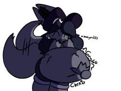 anthro belly claws digestion digestion_noises female gurgle hair hair_ornament hand_on_belly handprint happy_eyes hat long_ears navel raccoon rebecca_(whaatzit) shorts smile solo stomach_bulge stomach_noises tail tail_wagging vore vore_belly whaatzit