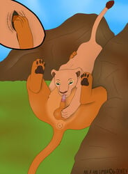 69 anatomically_correct anus balls clitoris color day disney feline female female_feral feral fingering fur lion lioness male nala on_back oral outdoors paws penis pussy sheath simba the_lion_king volatus