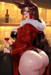 ai_generated akagi_(azur_lane) alcohol fishnets fur-trimmed_coat huge_ass jewelry wine