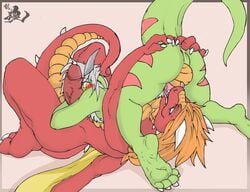 69 balls biceps blush claws dracos dragon erection fangs fingering gay hair horn looking_back male nude paws pecs penis randomdragon red_body scalie thick_penis tongue uncut