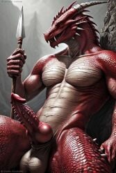 1boy ai_generated ai_hands animal_genitalia balls dragon fangs furry furry_only horns knot looking_away male_only musclegut penile_spines perchance_ai realistic red_body rocks scales scalie scalie_humanoid solo solo_male spiked_penis striped_belly wingless_dragon