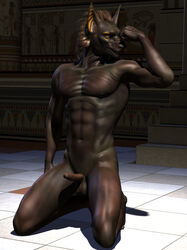 3d anthro anubian_jackal anubis balls canine deity egyptian erection front_view fur furry jackal kneeling male male_only michael4 muscles nude penis pose solo spread_legs spreading wooky