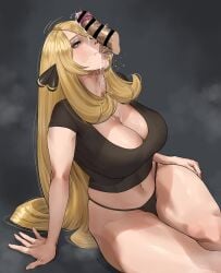 1boy absurdres bar_censor black_panties black_shirt blonde_hair breasts censored cleavage crop_top cum cum_on_body cynthia_(pokemon) disembodied_penis facial female grey_eyes highres large_breasts long_hair navel oral panties penis penis_on_face pokemon pokemon_dppt precum saliva shirt sitting steaming_body stomach straight testicle_sucking underwear very_long_hair wasabishouyu