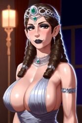 ai_generated brown_eyes brown_hair cleavage crown earrings elf eyeshadow female female_focus female_only large_breasts light-skinned_female lipstick long_ears long_hair majorfluffy mature_female medieval milf necklace novelai