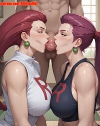 1boy 2girls ai_generated artifical_art balls blowjob blue_eyes blush cartoon double_blowjob earrings incest jessie_(pokemon) licking_penis penis perfect_body pokemon purple_hair red_hair team_rocket