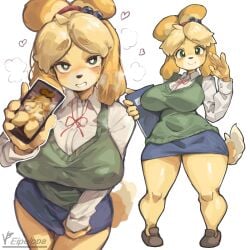 1girls absurdres animal_crossing animal_ears animal_nose anus artist_name ass bare_legs bed blonde_hair blue_skirt blush breasts bright_pupils brown_footwear cardigan cellphone censored clipboard commentary completely_nude curvy dog_ears dog_girl dog_tail eipelppa female female_only from_above full_body furry furry_female furry_only green_cardigan green_eyes grin hand_up heart heart-shaped_pupils highres holding holding_clipboard holding_phone iepelppa iparupua iparuputsua ipelppa isabelle_(animal_crossing) large_breasts legs_apart long_sleeves looking_at_viewer looking_up medium_hair miniskirt mosaic_censoring neck_ribbon nude on_bed pencil_skirt personification phone red_ribbon ribbon shirt shoes simple_background skirt sleeveless sleeveless_shirt smartphone smile solo standing steam straight-on symbol-only_commentary symbol-shaped_pupils tail thick_thighs thighs top-down_bottom-up topknot white_background white_pupils white_shirt wide_hips yellow_fur