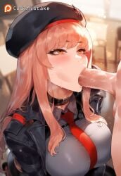 1boy 1female 1girls ai_generated beret black_beret blurry_background bokeh brown_hair cheek_bulge chocker codemistake faceless_male fellatio female female jacket lower_body necktie oral orange_eyes patreon patreon_logo patreon_reward patreon_url penis rapi_(nikke) shirt testicles