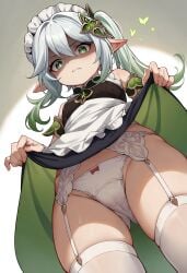 (genshin 1girl, ai_generated angry, below, by down, eyes, face, from garter grey impact) lift, lifted looking maid, nahida panties, self, shaded skirt straps