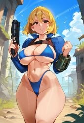 2d ai_generated big_breasts bikini blonde_hair blue_bikini fallout female female_focus female_only gun highleg outdoors solo solo_female solo_focus tagme vault_girl