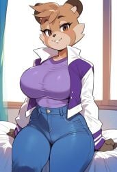 2d ai_generated animal_ears big_breasts cooki_(super_planet_dolan) female female_focus female_only furry furry_female indoors jacket jeans panties raccoon raccoon_girl shirt solo solo_female solo_focus super_planet_dolan tagme