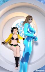 2girls 3d bikini bikini_top black_hair blonde_hair crossover laura_matsuda metroid samus_aran stjude90 street_fighter swimsuit zero_suit_samus