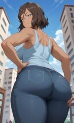 1girls ai_generated armpits ass ass ass_focus avatar_legends bare_armpits bare_shoulders big_butt blue_clothing blue_eyes breasts brown_hair building city cloud day denim female female female_focus female_only hand_on_hip jeans korra large_ass looking_at_viewer looking_back muscular muscular_female nickelodeon nicktoons republic_city short_hair sky skyscraper slippyai smirk the_legend_of_korra thick_ass tight_clothing