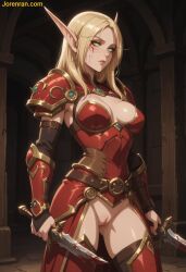 ai_generated blonde_hair blood_elf blood_on_hand dagger female green_eyes jorenran nude pussy sword warcraft world_of_warcraft