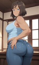 1girls ai_generated ass ass_focus avatar_the_last_airbender bare_hips bare_shoulders big_butt blue_clothing blue_eyes brown_hair chubby chubby_female denim female female_focus female_only jeans korra large_ass looking_at_viewer short_hair shoulders slippyai smile smiling_at_viewer smirk smirking_at_viewer the_legend_of_korra thick thick_hips window